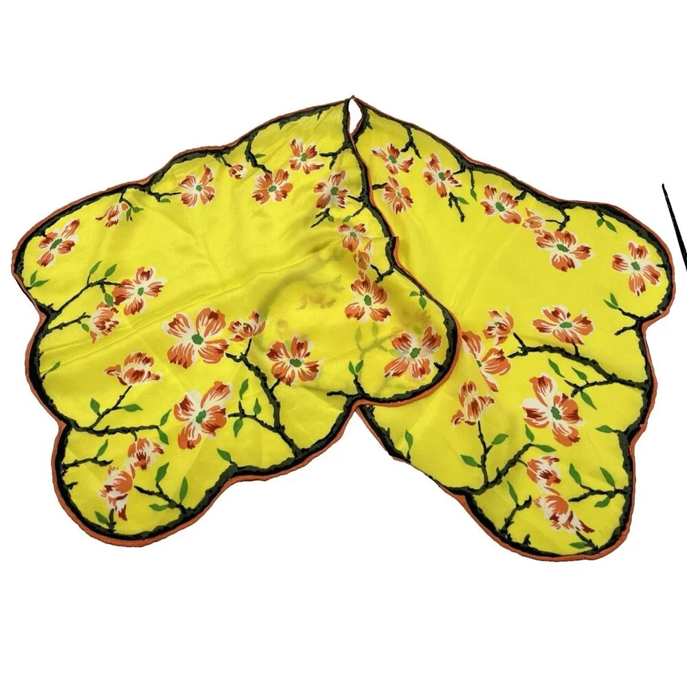 Vintage Asian Floral Silk Hanky Scarf Scalloped Edges Yellow Double Hankie *READ